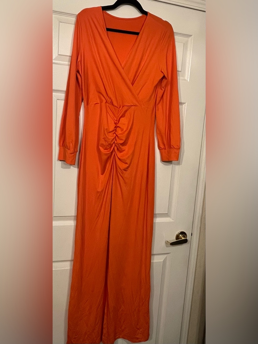 NWOT Long Sleeve Orange Ruched Maxi Dress - Picture 2 of 3